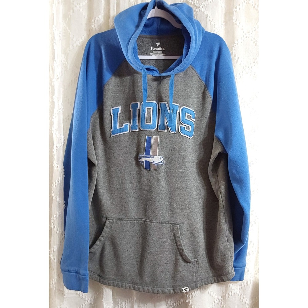 Fanatics Detroit Lions Mens 3XL Hoodie Blue Gray Raglan Sweatshirt NFL Gear